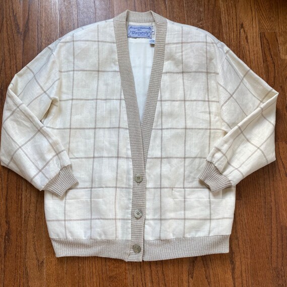 Vintage Linen Jacket Grandpa Sweater Cardigan Pla… - image 2