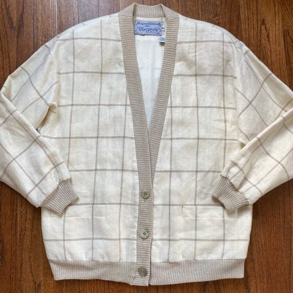 Vintage Linen Jacket Grandpa Sweater Cardigan Pla… - image 1