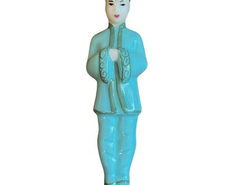 Vintage Asian Figurine Oriental MCM Ceramic Glaze Collectible Chinese Male Blue