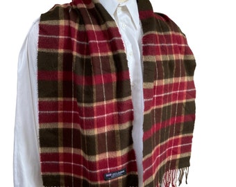 Vintage Cashmere Scarf Tartan Plaid Scotland Red Green Brown Checkered Fringes, Scottish Blanket Scarf, Tartan Scarf,  Vintage Mens Scarf