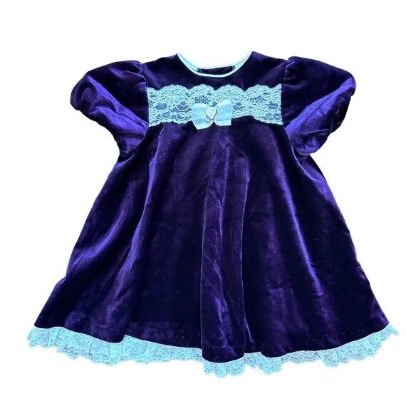 Vintage Girls Dress Size 3T Velour Lace Purple Ve… - image 1
