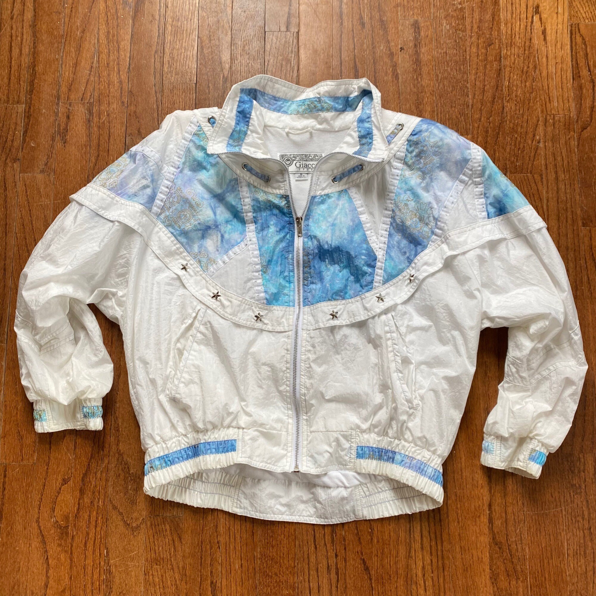 Vintage Giacca Sport 80s Jacket Metallic Stars Pastel Coat Windbreaker Sz Medium, nyloan Coat, 80s Nylon Coat, 90s nyloan Coat, Puff Sleeves