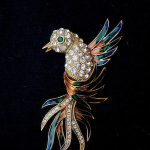 Large,  Pretty Colourful Enamel & Rhinestone Gold Tone Bird of Paradise Pin  Brooch.