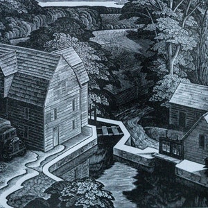 May include: A black and white woodcut print showing a mill building with a truck parked in front. The mill is located on a river with a small bridge leading to it. The scene is surrounded by trees and a field.