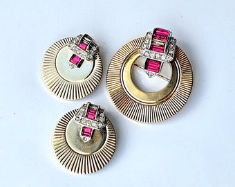 Vintage Signed Marcel Boucher Rhinestone Brooch and Clip On Earrings