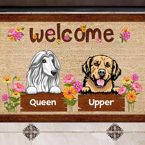 Welcome Dogs Flowers Personalized Doormat, Funny Dog and Floral Doormat, Dog Mat, Paillasson Personnali, Gift for Dog Lover, Funny Doormat