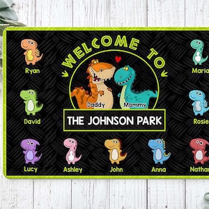 Personalized Dinosaur Family Doormat, Custom Doormat for Grandparents, Welcome Mat, Housewarming Gift, Wedding Gift, Dorm Room/New Home Gift