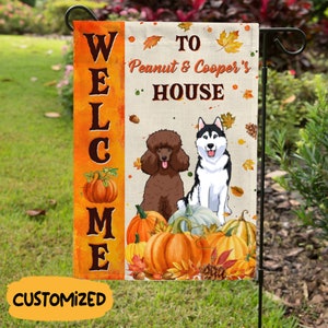 Dog Fall Flag, Dog Fall Garden Flag, Dog Welcome Flag, Thanksgiving Flag, Dog Yard Flag, Dog Outdoor Flag, Fall Porch Decor, Dog Autumn Flag