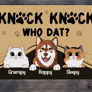 Custom Names Doormat, Knock Knock Who Dat, Funny Welcome Mat, Dog Decorative Mat, Cat Rug, Pet Lover Gift, Personalized Gift For Home