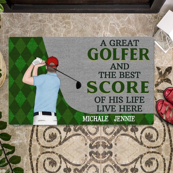 A Great Golfer and The Best Score of His Life Live Here Doormat, Funny Golf Couple Doormat, Humorous Outdoor Rug, Gift For Golfers, Golf Mat