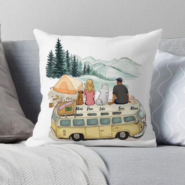 Couple Camping with Dog Pillow, Dog Family Pillow, Dog Cuddle Pillow, Custom Family Pillow, Family and Pets, Anniversary Gifts, Dog Mom Dad