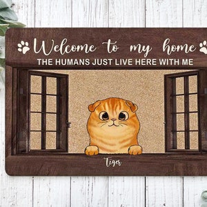 Welcome To Our Home Doormat, Human Just Live Here with Us Funny Custom Cat Doormat, Animal Doormat, Cute Cat Mat, Gift for Cat Lover, Coir