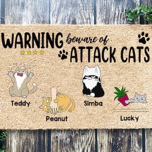 Warning Beware Of Attack Cats Personalized Doormat, Funny Cat Welcome Doormat, Animal Doormat, Cute Cat Mat, Gift for Cat Lover, Welcome Mat