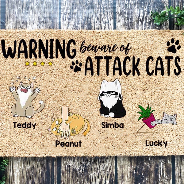 Warning Beware Of Attack Cats Personalized Doormat, Funny Cat Welcome Doormat, Animal Doormat, Cute Cat Mat, Gift for Cat Lover, Coir