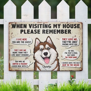 Houd er rekening mee dat wanneer je mijn huis bezoekt: gepersonaliseerd metalen bord hond, grappig metalen bord hond, metalen bord hondenwerf, bord hondentuin, bord hondentuin, bord honden
