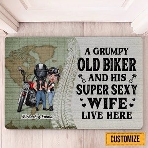 A Biker and His Wife Live Here Doormat, Funny Biker Couple Doormat, Humorous Outdoor Rug, Gift For Bikers, Motorcycle Doormat