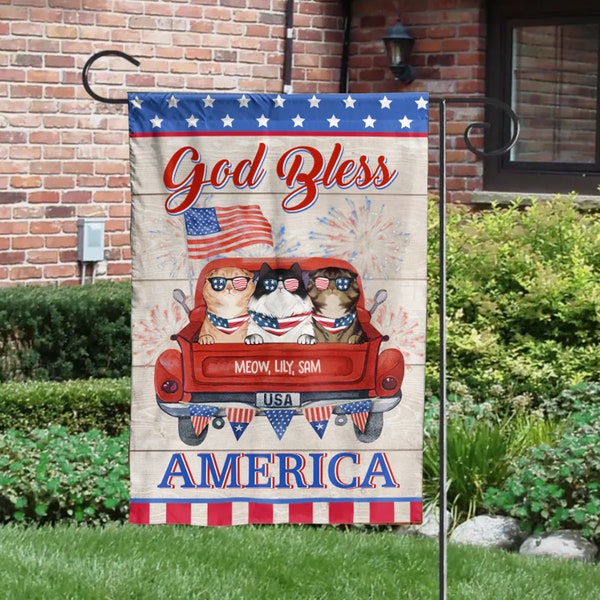 God Bless America Cat House Flag, Personalized Cat Welcome Flag, Funny Cat Garden Flag, Cat Yard Flag, Cat Outdoor Flag, Cat Owner Gifts