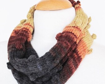 Pompom Beige Brown And Gray Colorfull Wool  Loop Knitting  / Infinity Scarf / Neckwarmer/ Christmas Gift/Warm Scarf