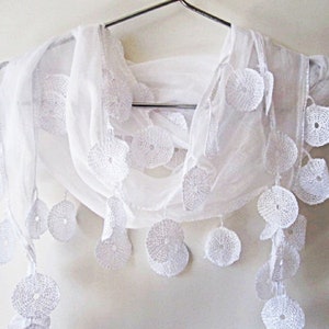 White Cotton Handmade Triangle Scarf With Lace Pom Pom Edge, Spring / Summer Woman Fashion