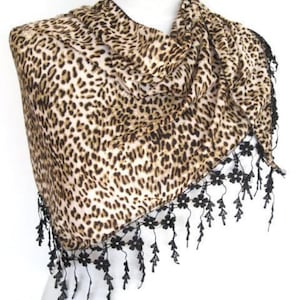 Leopard Scarf Or Shawl With Lace, Gift For Her