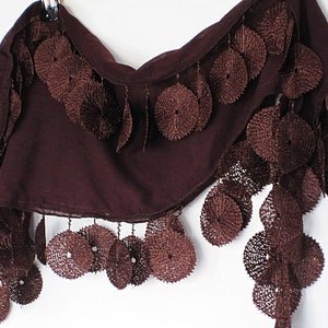 Chocolate Brown Triangle Cotton Scarf With Pompom Lace Edge, All Seasons Women Fashion