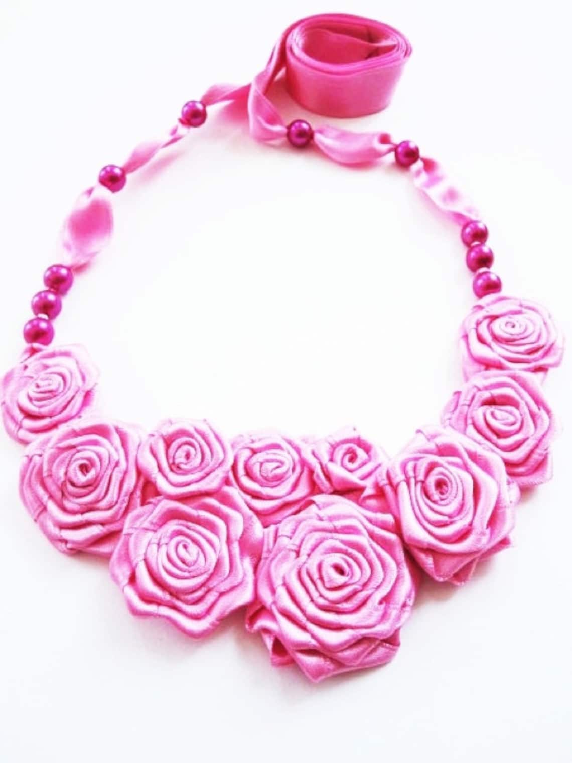 Pink Ribbon Roses Bib Neckless, Bridal Necklace, Bridesmaid Necklace ...