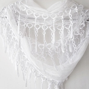 Handmade Cotton White Triangle Scarf With Lace Edge, Gift For Her, Woman Fashion, Christmas gift
