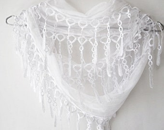 Handmade Cotton White Triangle Scarf With Lace Edge, Gift For Her, Woman Fashion