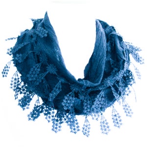 Dark Blue Cotton Triangle With Fringed Lace Edge Scarf, New Season Woman Fashion, Gift For Her, Cowl Scarf