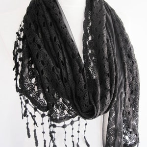 Elegance Black Tulle And Lace Fringed Scarf, Women Fashion, Gift For Her, Mother’s Day Gift, All Seasons Women Fashion