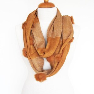 Elegance Fur Pompom Caramel Brown Knitted Wool Scarf / Shawl , Bridal Shawl, New Trend, Neckwarmer, Gift For Her,  Women’s Fashion