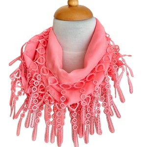 Bufanda de pashmina con ribete de encaje rosa brillante: cálido chal de invierno con flecos