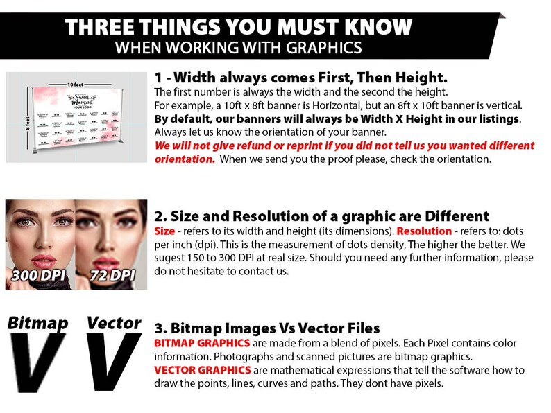 May include: A graphic design guide with three tips for working with graphics. The first tip is about width and height, the second is about size and resolution, and the third is about bitmap and vector images. The graphic includes examples of a banner, a woman's face, and a letter V.