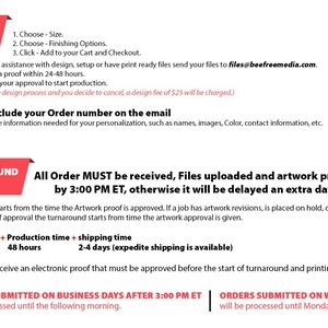 May include: Red and white text on a white background with the heading "How to Order" and instructions for ordering. The text includes the email address "files@beefreemedia.com". The text also includes the phrase "All Order MUST be received, Files uploaded and artwork proved by 3:00 PM ET, otherwise it will be delayed an extra day."