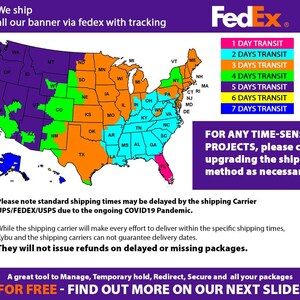 May include: A map of the United States showing FedEx shipping zones with transit times ranging from 1 to 7 days. The map is overlaid with a purple, green, orange, and blue color scheme. The text "FedEx" is in the upper right corner of the image. The text "FOR ANY TIME-SENSITIVE PROJECTS, please consider upgrading the shipping method as necessary." is in the lower right corner of the image.