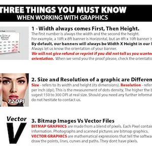 May include: A graphic design guide with three tips for working with graphics. The first tip is about width and height, the second is about size and resolution, and the third is about bitmap and vector images. The graphic includes examples of a banner, a woman's face, and a letter V.