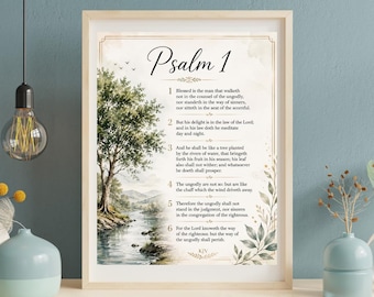 Arte mural imprimible con versículo bíblico del Salmo 1, arte cristiano para pared, bendiciones para la familia, arte con cita bíblica para descarga digital en tamaño 8.5x11".