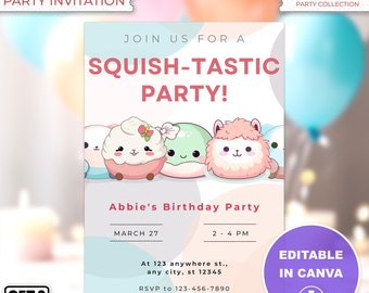 Printable Birthday Party Invitation - Squishmallow Party - Editable Canva Template - DIY Party Invitation - Personalize in Canva - 5" x 7"