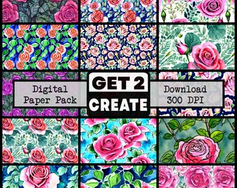 Roses in Bloom Printable Digital Paper 12x12 inch Scrapbook Background Pages Pack of 12 Instant Download DIY Print At Home Commercial Use