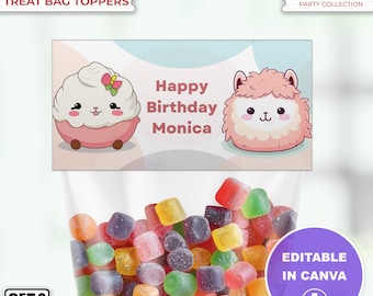 Printable Squishmallow Treat Bag Toppers Party Favor for Kids Birthday Party Editable Canva Template DIY Decor Ready to Personalize in Canva
