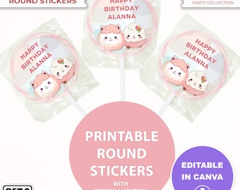 Printable Squishmallow Round Stickers Party Favor for Kids Birthday Party Editable Canva Template DIY Decor Ready to Personalize in Canva