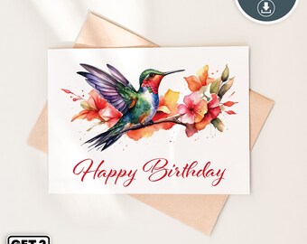 Printable Happy Birthday Card With Hummingbird And Flowers Instant Download DIY Print At Home Greeting Card Ready To Print On 8.5x11" Paper