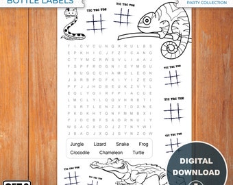 Printable Activity Page DIY Kids Birthday Jungle Theme Fun Activity with Tic-tac-toe and Word Search Coloring Page for Kids Instant Download
