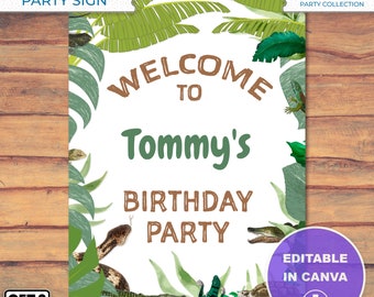 EDITABLE Party Sign Jungle Theme Birthday Party Template Edit CANVA Jungle Themed Kids Party Printable Personalize Name Welcome Party Sign