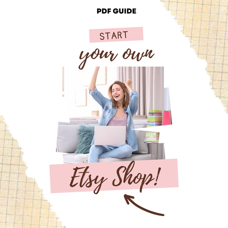 Puede incluir: Una mujer est&aacute; sentada en un sof&aacute; con un ordenador port&aacute;til, sonriendo y levantando los brazos en el aire. Est&aacute; rodeada de bolsas de la compra. El texto "START your own Etsy Shop!" est&aacute; escrito en marr&oacute;n sobre un fondo rosa con una flecha que apunta al texto.