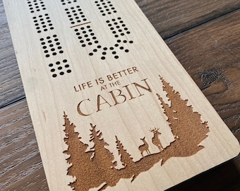Customizable Cabin Cribbage Board, Engraved Wood Family Game