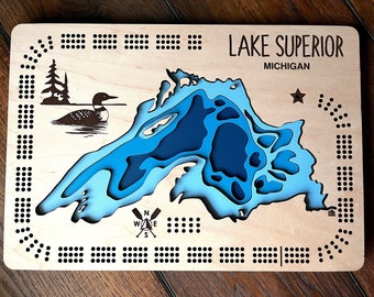 Lake Superior Cribbage Board, Customized Designs, Laser Engraved, Personalized Gifts, Family Games, Fathers Day Gifts