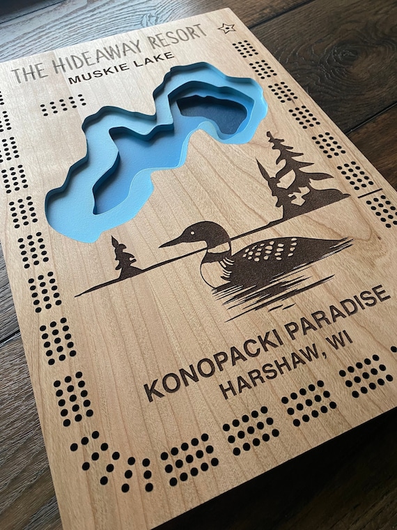 Custom Laser Engraved Lake Cribbage Board, Personalized Wood Anniversary Gift