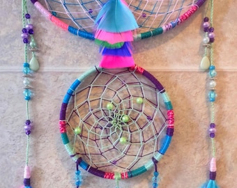 10.25 in. Mermaid Love Dreamcatcher: Beaded Double-Web, Suncatcher Feathers