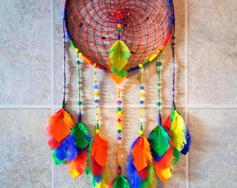 10.25 in. Rainbow Dreamcatcher: Beaded Webs, Colorful Feathers, Pride Art